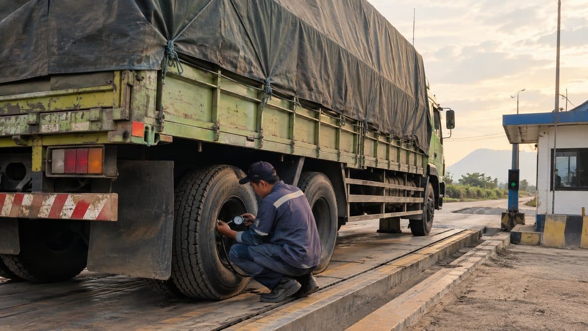 Truk tronton berhenti di atas timbangan di pinggir jalan, mekanik berlutut mengecek tekanan ban ganda belakang.